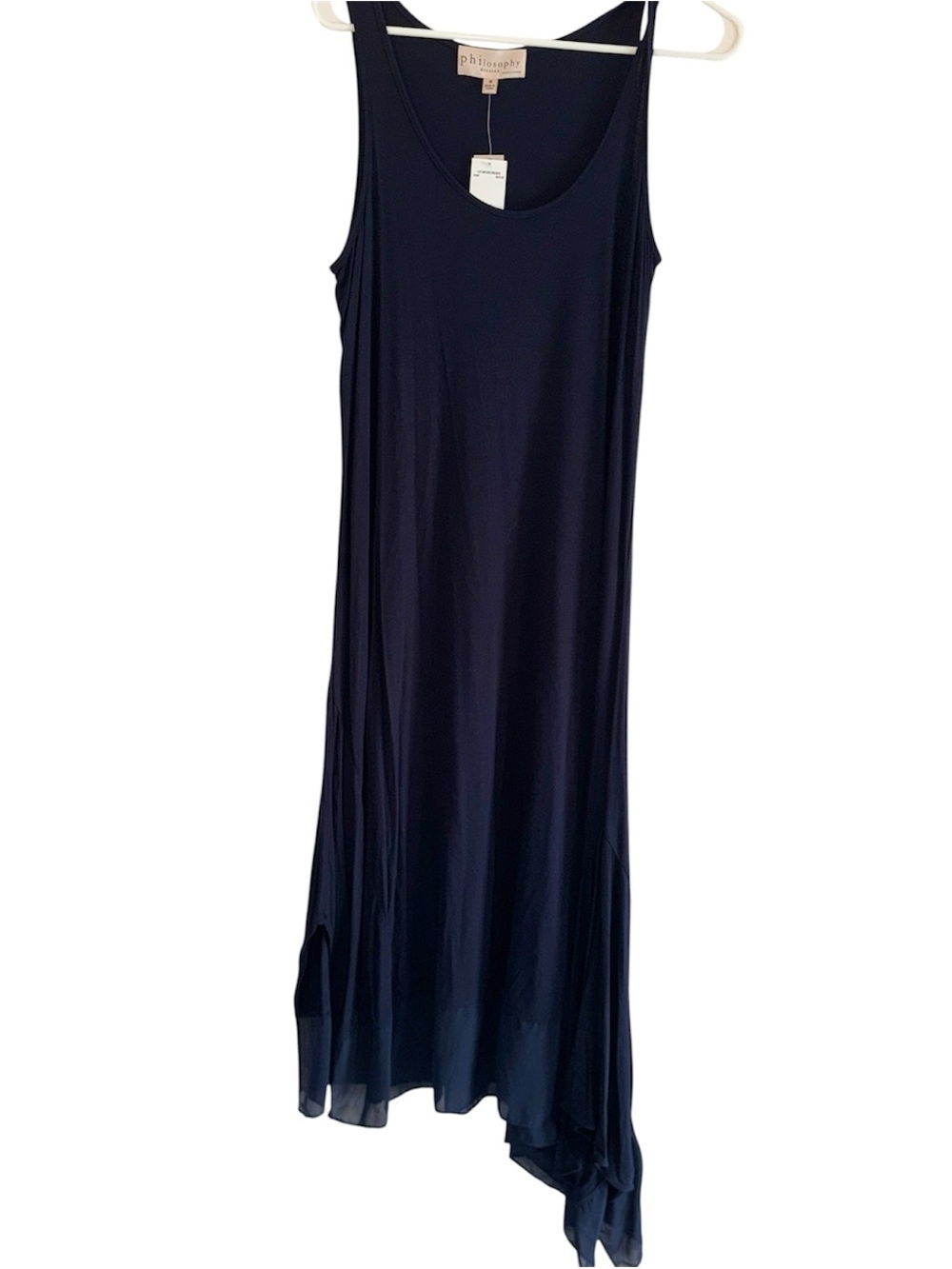 NWTPhilosophy Navy Asymmetrical Sleeveless Maxi Dress, Mesh hemline, stretchy M
